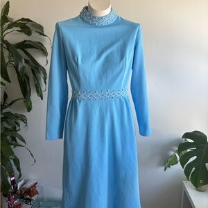 Vintage Light Blue Long-Sleeve Midi Dress with Decorative Trim